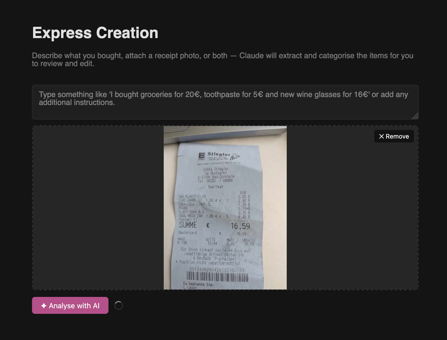 The AI express entry form showing multiple expenses extracted from a short description