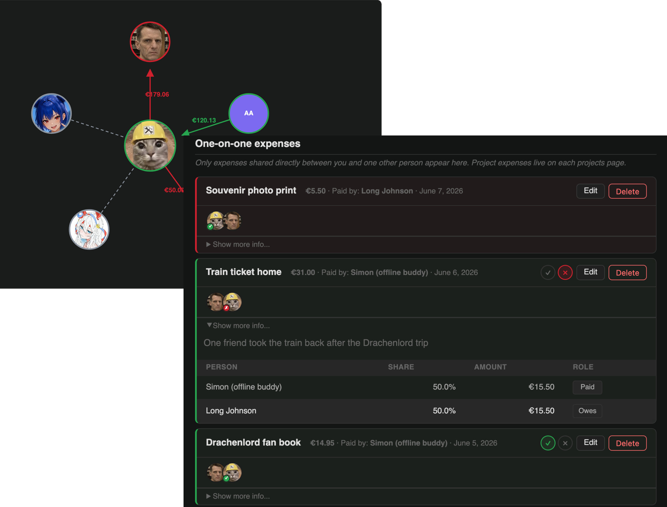 The contacts view showing shared expenses and who owes what