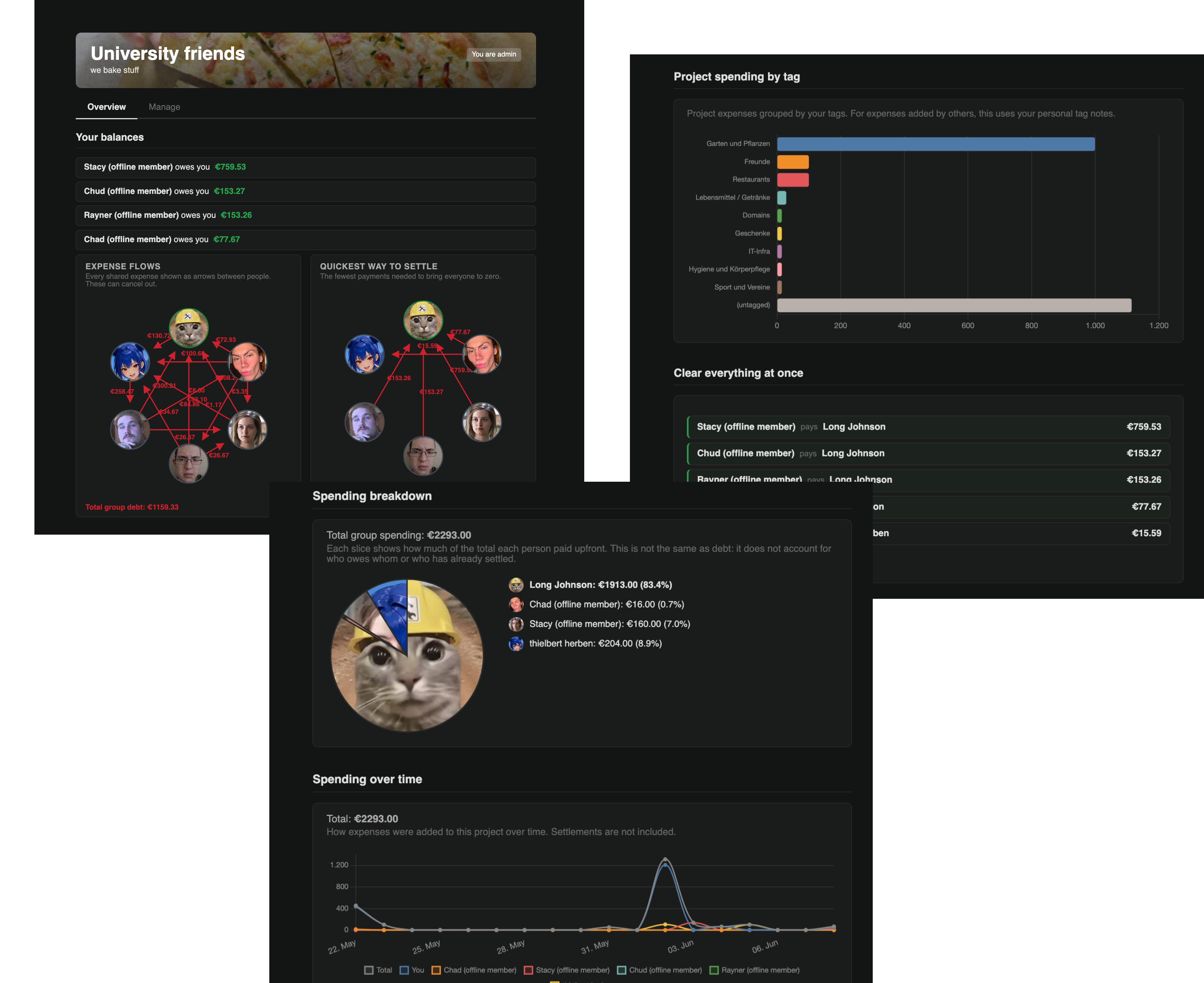 A project page showing the debt diagram and spending breakdown for a group