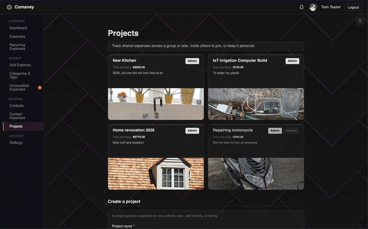The Comaney project list showing the total spent per project